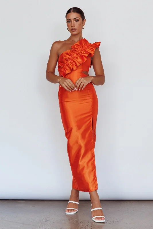 Ruffled midi dress-NY Moment Wide Ruffle Shoulder Dress Orange