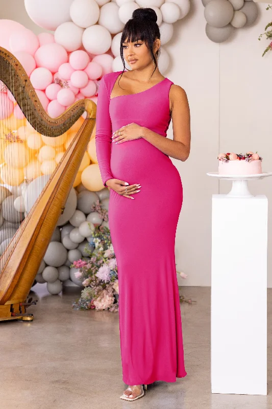 Houndstooth chic dress-Oh Baby | Hot Pink Maternity One Shoulder Bodycon Maxi Dress