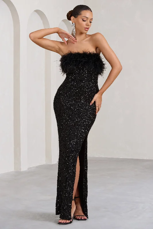 Punk studded dress-Old Money | Black Bodycon Sequin Maxi Dress With Feather Trim