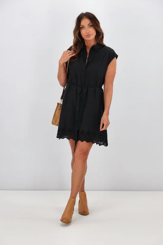 Sophisticated gray dress-ONLY Lou Embroidered Shirt Dress Black