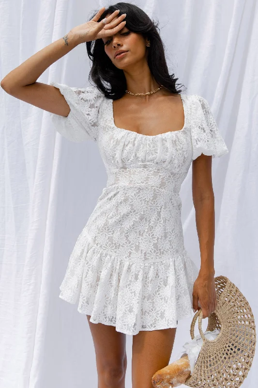 Beachy linen dress-Petite Cherie Puff Sleeve Lace-Up Back Dress Lace White