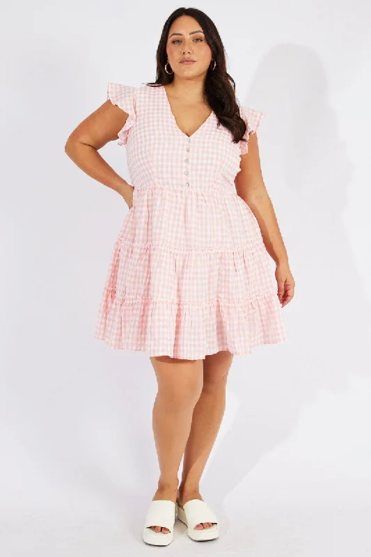 Vintage floral dress-Pink Check Fit And Flare Dress Short Sleeve