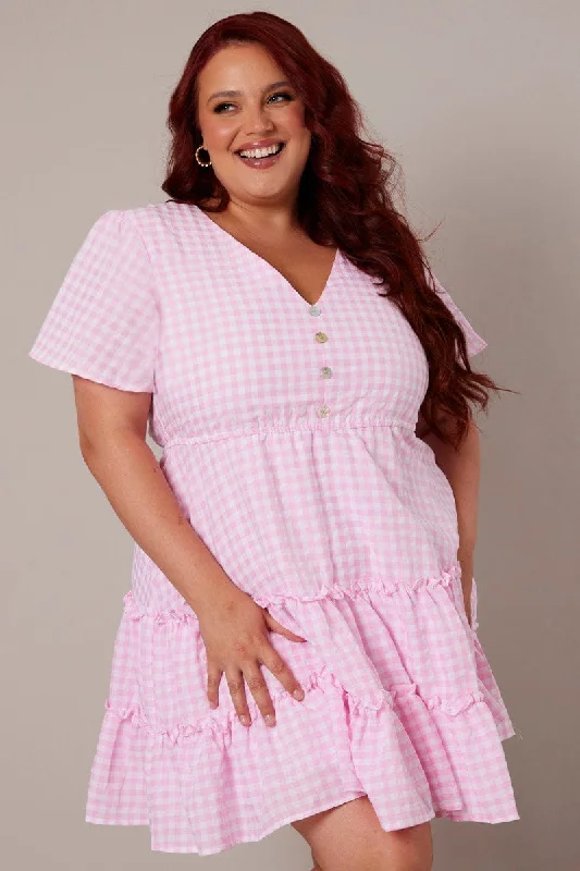 Picnic gingham dress-Pink Check Fit And Flare Dress Short Sleeve Tiered