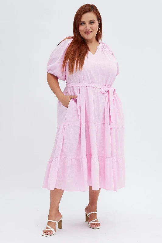 Chiffon cocktail dress-Pink Midi Dress Tiered Notch Collar Belted