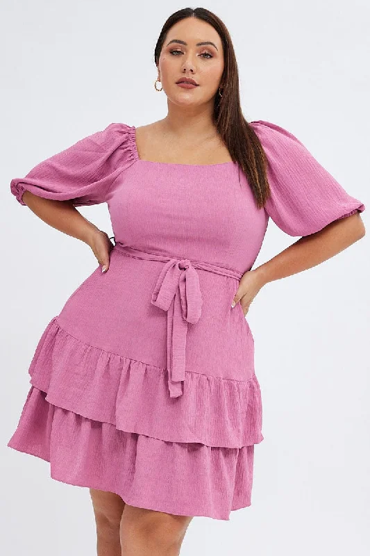 Cut-out festival dress-Pink Mini Dress Short Puff Sleeve Textured Waist Tie