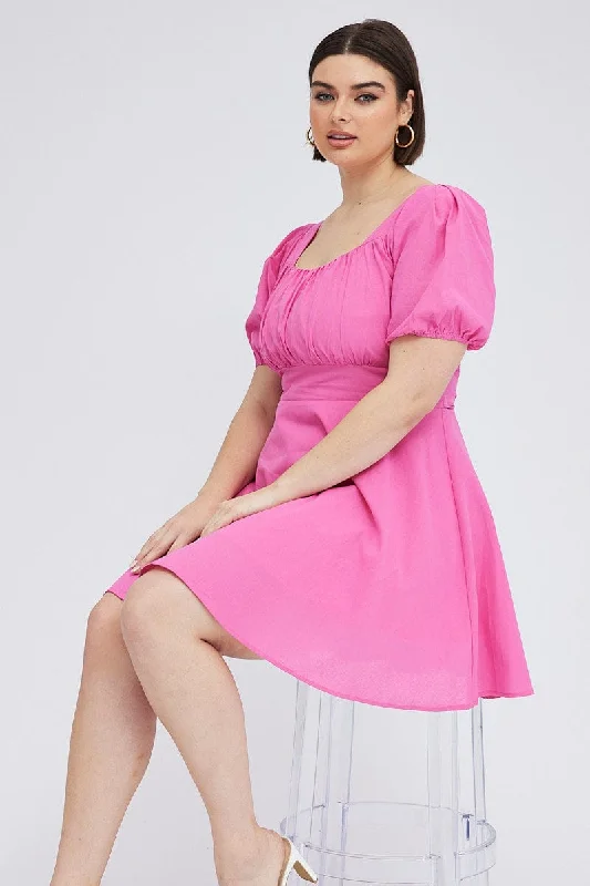 Button-up beach dress-Pink Mini Dress Sweetheart Neck Tie Waist Puff Sleeve