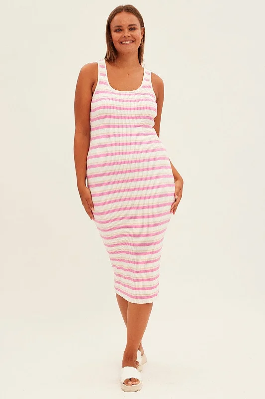 Formal gown dress-Pink Stripe Knit Dress Sleeveless Bodycon