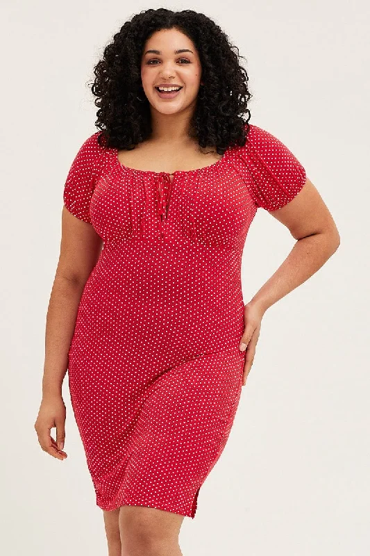 Whimsical tulle dress-Polka Dot Short Puff Sleeve Red Spot Bodycon Dress