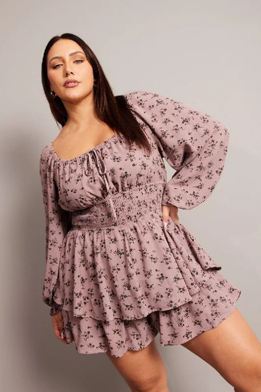 Eco-friendly cotton dress-Purple Ditsy Ruffle Playsuit Long Sleeve