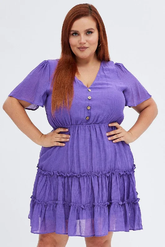 Organic silk dress-Purple Fit And Flare Dress Short Sleeve V-neck