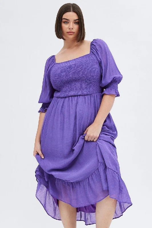 Gold glamorous dress-Purple Maxi Dress Half Sleeve Shirred