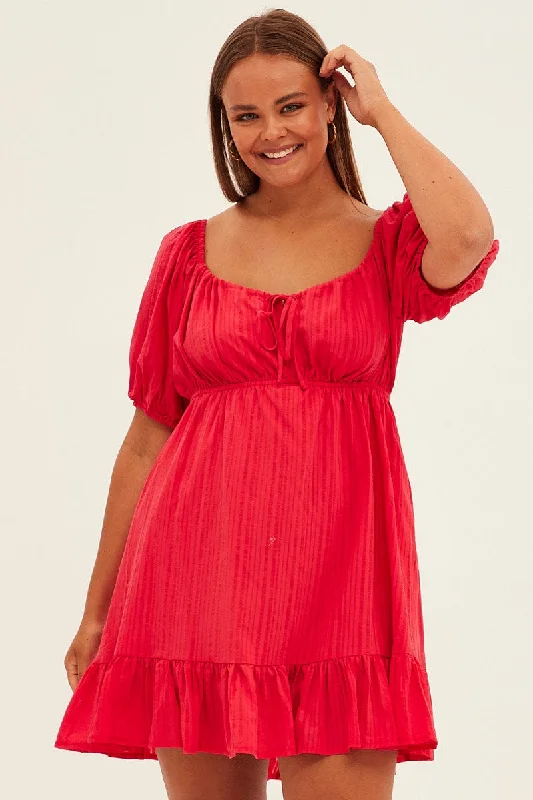 Velvet mini dress-Red Fit And Flare Dress Short Sleeve Ruched Bust