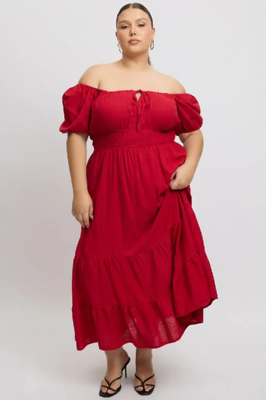 Shift maternity dress-Red Tiered Midi Dress Short Sleeve Ruched Bust