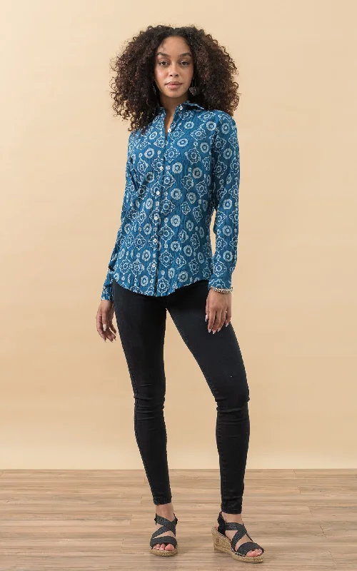 Renaissance lace dress-Regina Blouse, Long Sleeve, Indigo Medallion