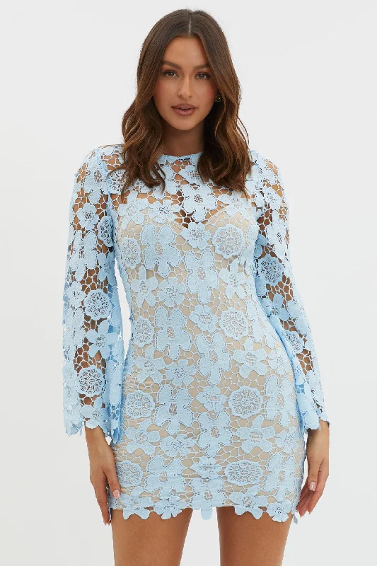 Fit-and-flare party dress-Reinhart Flared Sleeve Crochet Lace Dress Baby Blue