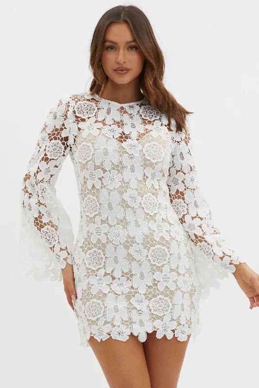 Fringe festival dress-Reinhart Flared Sleeve Crochet Lace Dress White