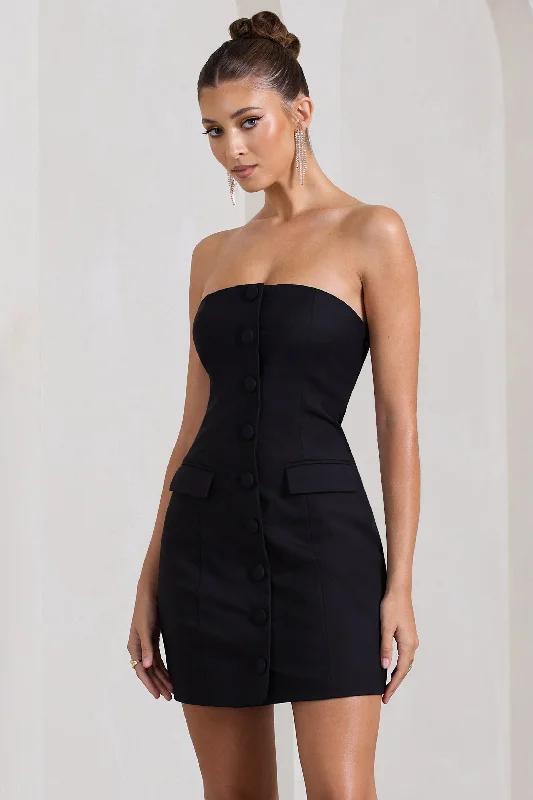 Belted work dress-Rina | Black Strapless Tailored Mini Dress With Button Front