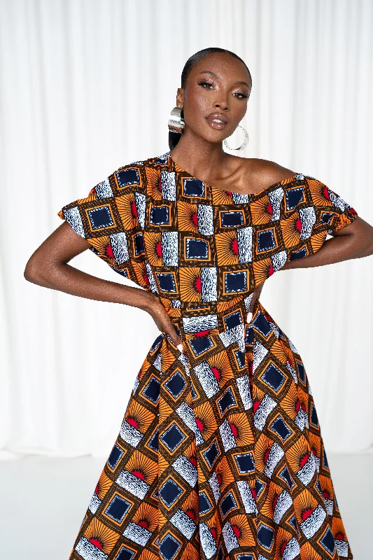 Amethyst purple dress-RIRE African Print One-shoulder Midi Dress