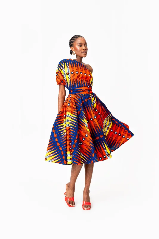 Monochrome blue dress-RONKE African Print One-shoulder Midi Dress