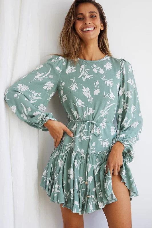 Drop-waist vintage dress-Rosabel Balloon Sleeve Fluted Hem Dress Botanic Print Sage