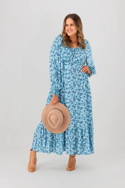 Sustainable linen dress-Salty Bright Meredith Maxi Dress Blue Print