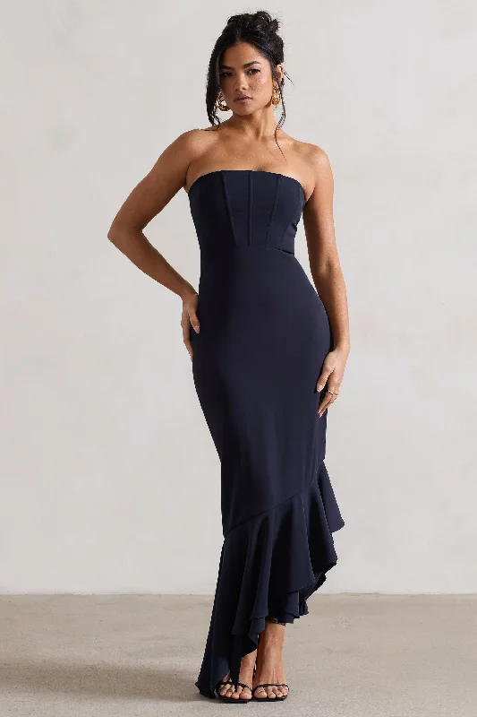 Garden ruffle dress-Sandy | Navy Strapless Corset Asymmetric Maxi Dress