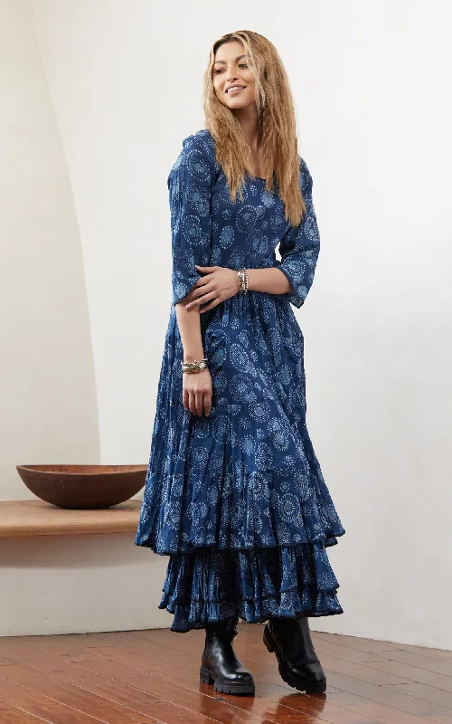 Monochrome blue dress-Santa Fe Dress, Long, 3/4 Sleeve, Eden Indigo