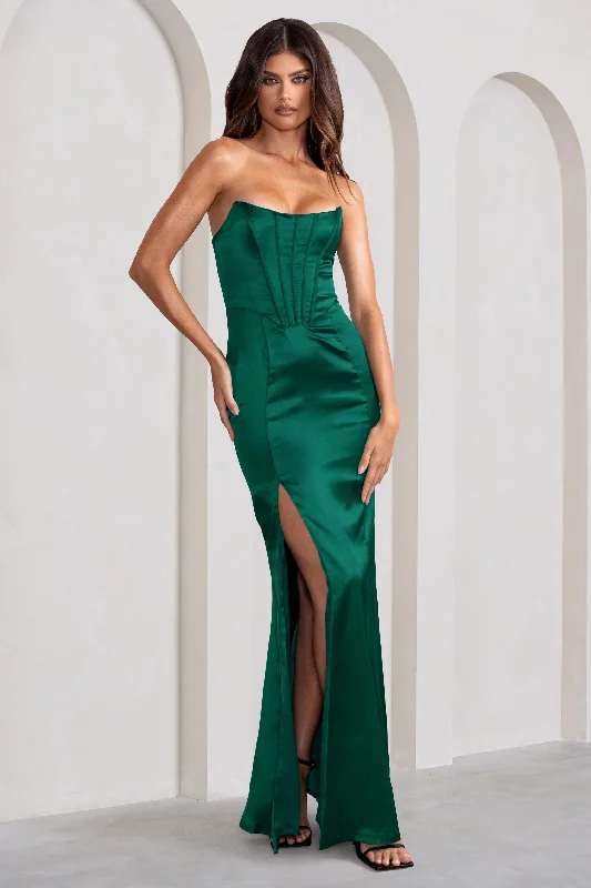 Plaid school dress-Sensual Notes | Bottle Green Satin Strapless Corset Thigh Split Fishtail Maxi Dress