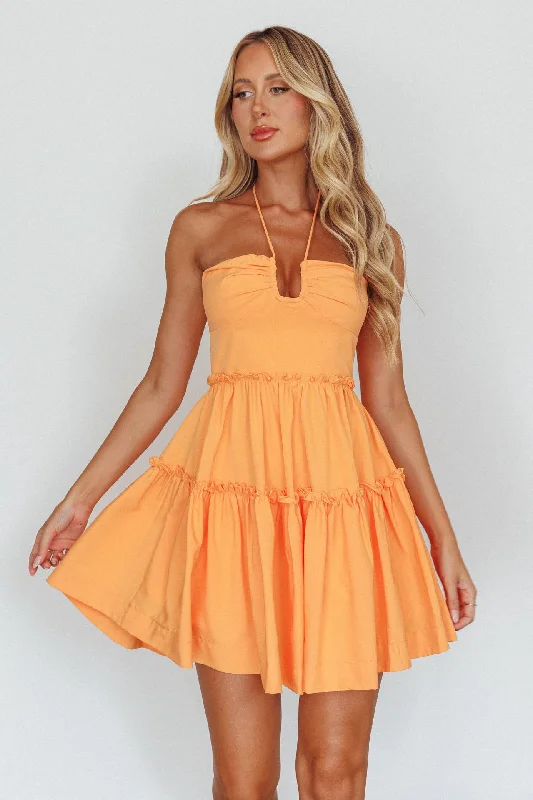 Drop-waist vintage dress-Sherbet Sunset Tied Neck Mini Dress Orange