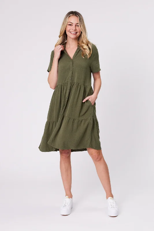 Cut-out trendy dress-Shine On Essentials Shirt Dress Khaki