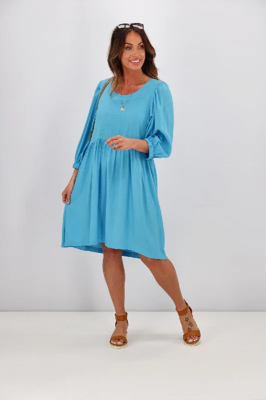 Preppy collared dress-Shine On Label Blanchet Gathered Sleeve Dress Sky Blue