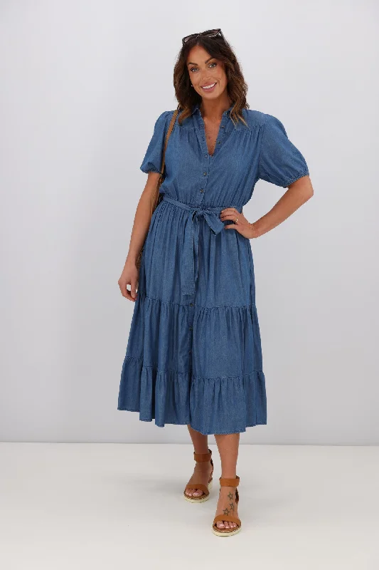 Pastel soft dress-Shine On Label Evette Chambray  Tiered Dress Blue