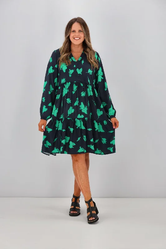 Flowy maxi dress-Shine On Label Sandra V Neck Baby Doll Dress Navy Green Abstract FloralPrint