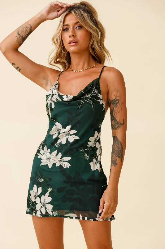 Garden floral dress-Show Me Love Cowl Neck Mini Dress Flower Print Green