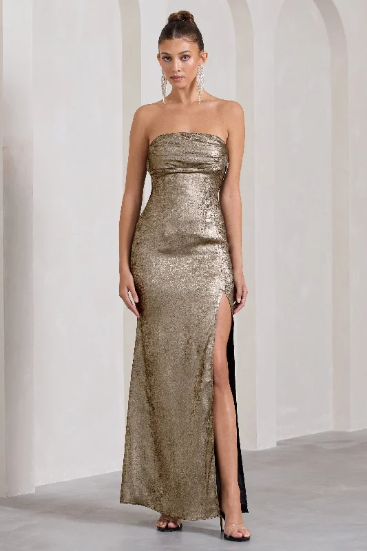 Fit-and-flare party dress-Showstopper | Gold Metallic Strapless Open-Back Split Maxi Dress