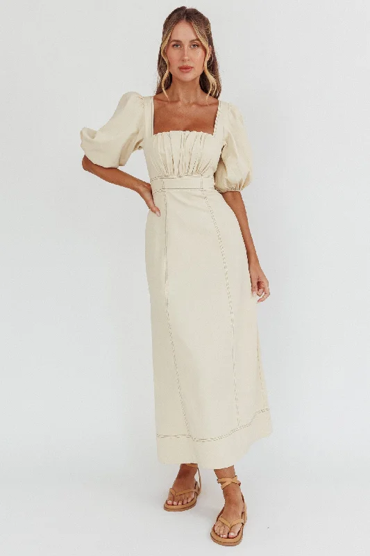 Boho tiered dress-Sibille Puff Sleeve Contrast Stitch Dress Butter