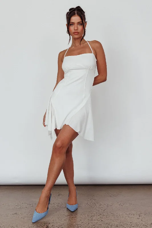 Plush suede dress-Sidonie Halterneck Godet Hem Mini Dress White