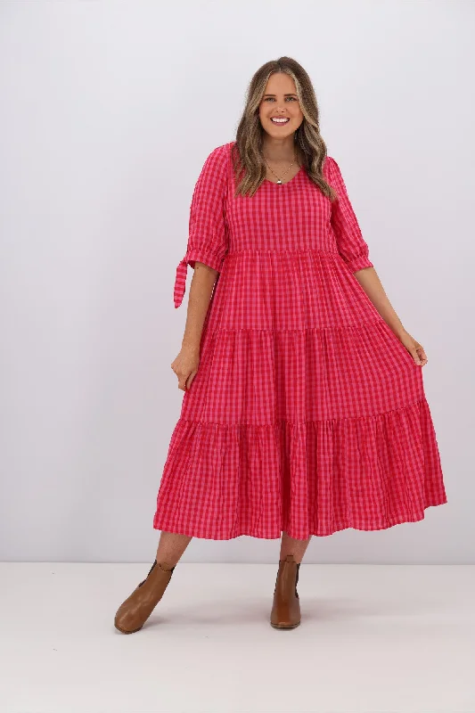 Teal trendy dress-Silver Wishes Two Tone Gingham Check Tier Dress Fuchsia