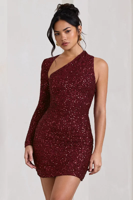 Layered tropical dress-Siren | Burgundy Sequin One Shoulder Bodycon Mini Dress