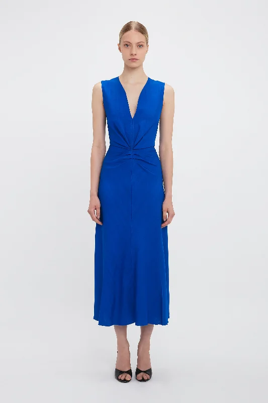 Linen resort dress-Exclusive Sleeveless Gathered Waist Midi Dress In Palace Blue