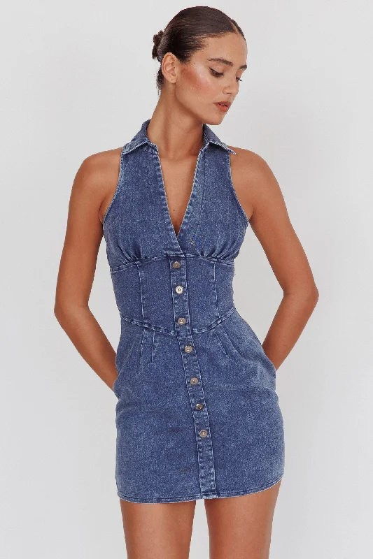 Cotton beach dress-South Beach Faux Button Collared Dress Dark Denim