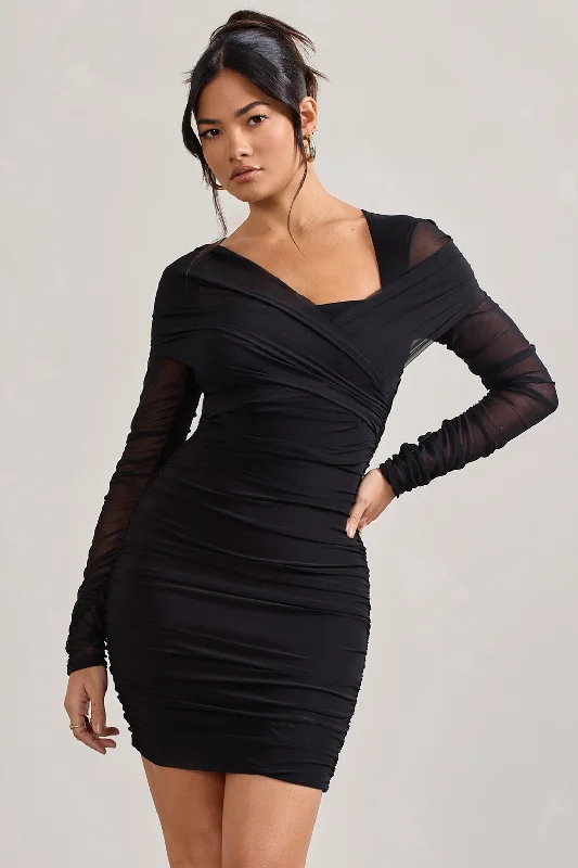 Quilted cozy dress-Sparks Fly | Black Ruched Mesh Long-Sleeved Bodycon Mini Dress