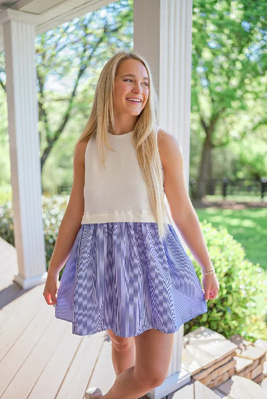 Draped satin dress-Nautical Stripe Blue Poplin Dress