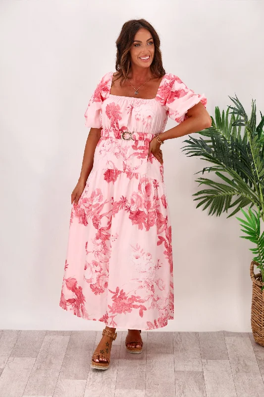 Sapphire deep dress-Style State Floral Maxi Dress With Belt White Pink