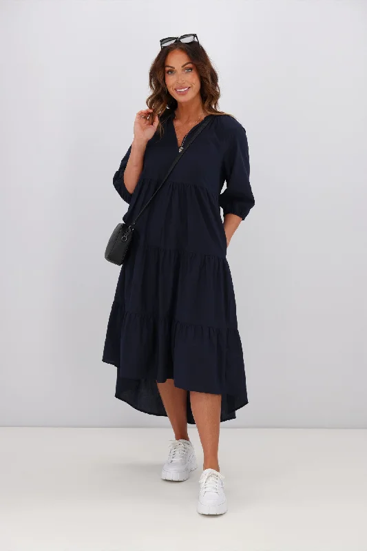 Boho embroidered dress-Sunday Boho Harlow Hi Low Dress Navy