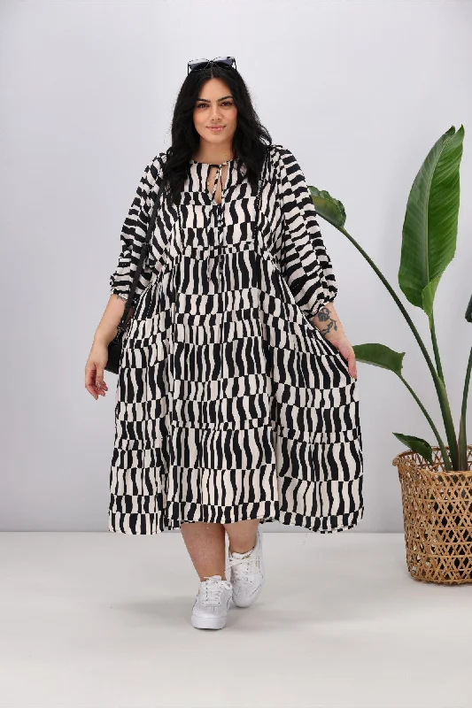 Smock boho dress-Sunday Boho Shani Dress Geo Print Black Cream