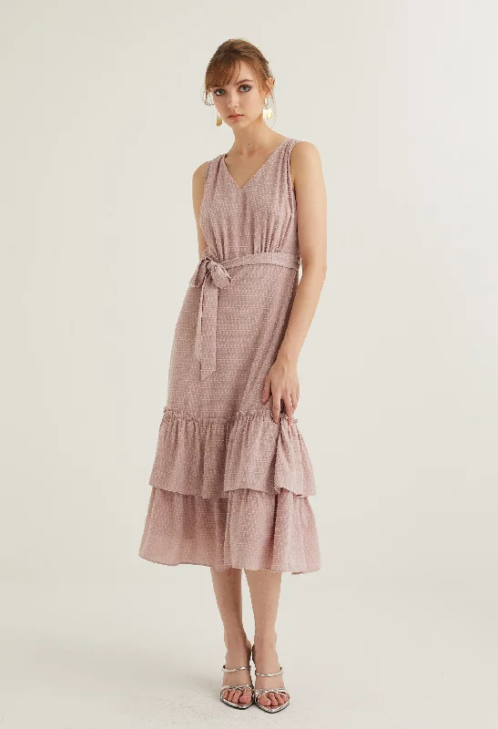 Smooth silk dress-Textured Belted Midi Dress