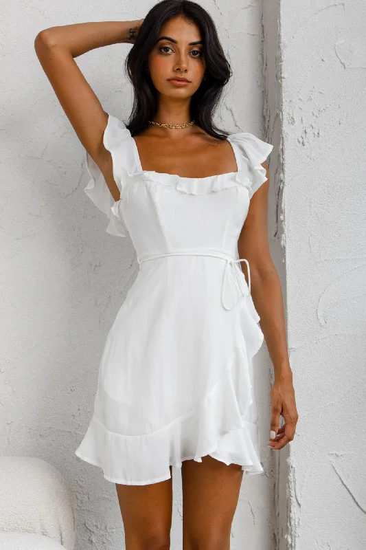 Rose gold dress-Thinkin' Bout You Ruffle Trim Waist-Tie Dress White