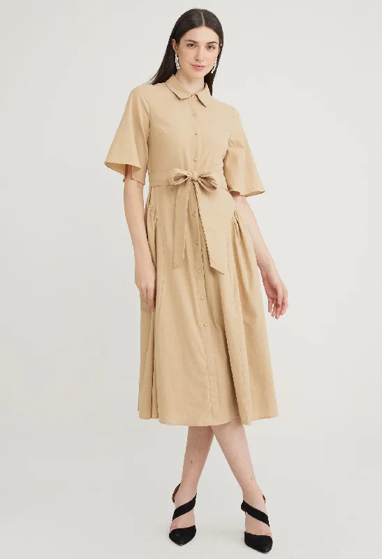 Cool cotton dress-Tie Waist Collared Midi Dress