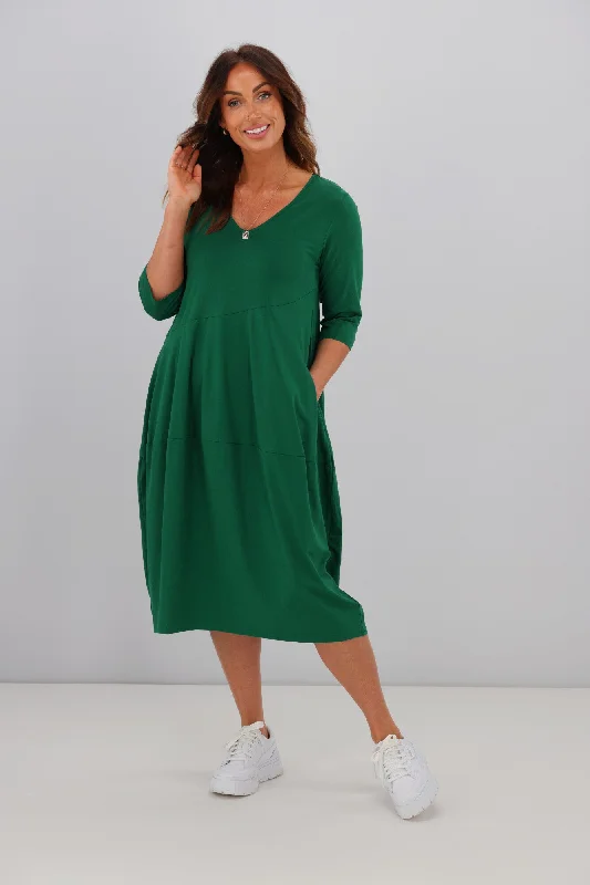 Teal ocean dress-Tirelli V Neck Diagonal Seam Dress Emerald